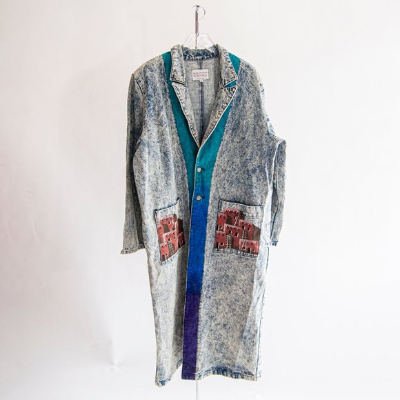 80s Acid Wash Hand Painted Southwestern Duster L L - Picture 5 of 11